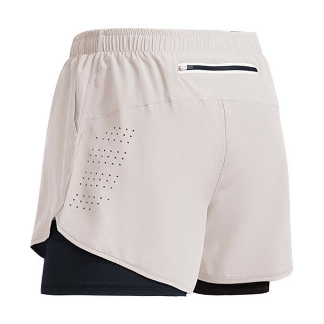Men's double-deck training shorts with back pocket, showing polyester fabric and adjustable waist. Ideal for sports and workouts. SF0440.